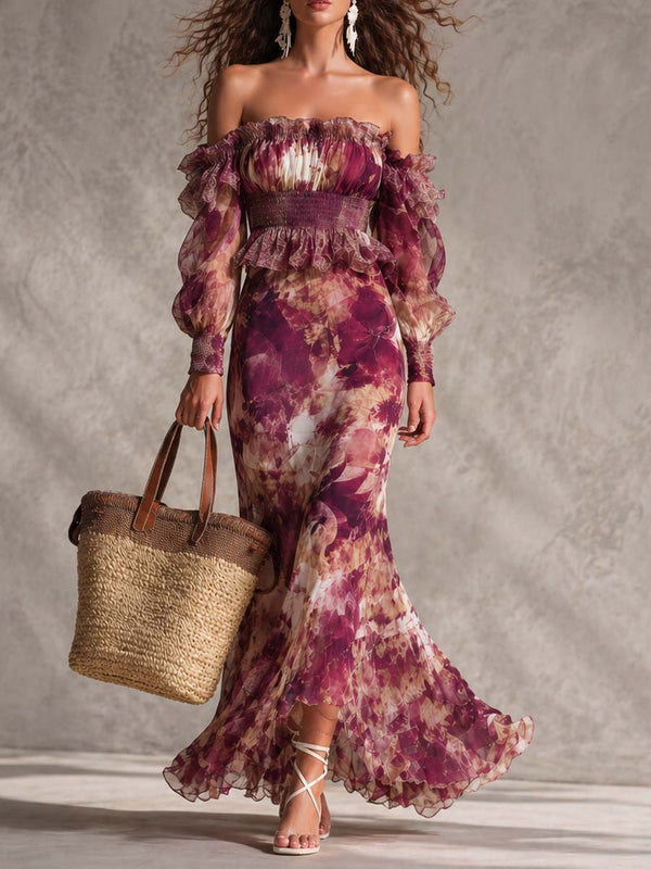 Rosette | Abito Maxi in Chiffon Rosa con Motivo Floreale con Spalle Scoperte