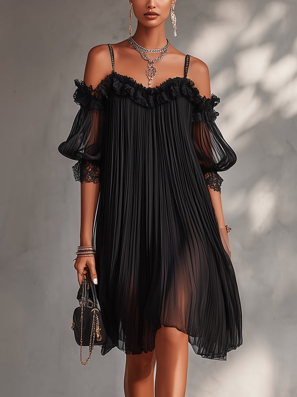 Camille | Abito Mini in Chiffon Nero con Spalle Scoperte