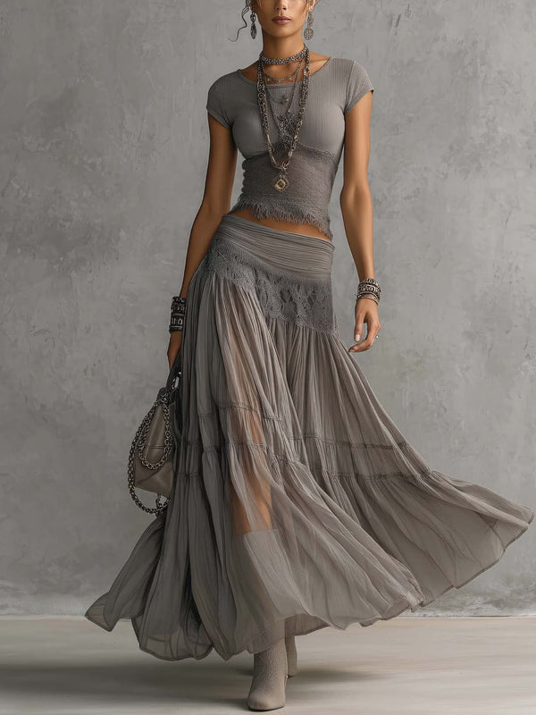 Aloïse | Completo in Pizzo Grigio Plissettato