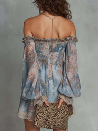 Romane | Abito Mini in Chiffon con Motivo Floreale con Spalle Scoperte Arricciato