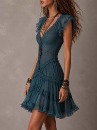 Delphine | Retrò Abito Mini in Pizzo Blu con Volant