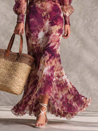 Rosette | Abito Maxi in Chiffon Rosa con Motivo Floreale con Spalle Scoperte