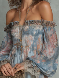 Romane | Abito Mini in Chiffon con Motivo Floreale con Spalle Scoperte Arricciato