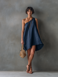 Ophélie | Abito Mini in Lino Monospalla con Frange