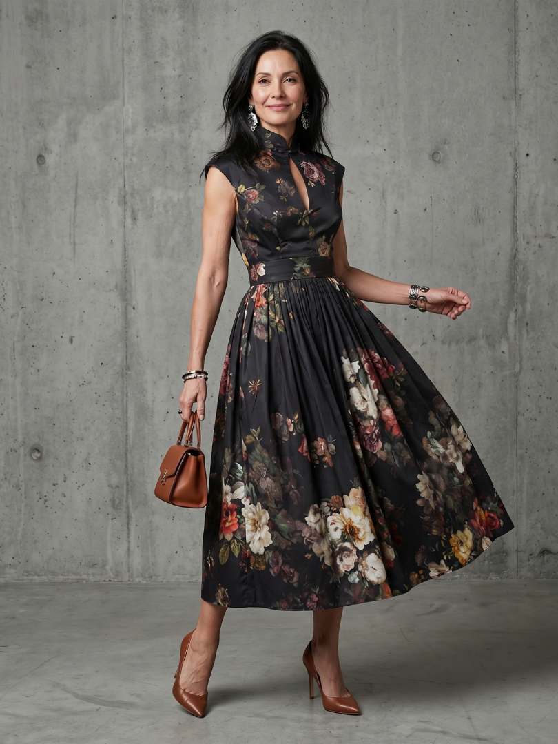 Greta | Abito Midi con Motivo Floreale con Collo Alto Plissettato
