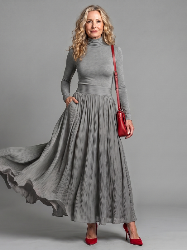 Lana | Abito Midi con Collo Alto a Maniche Lunghe