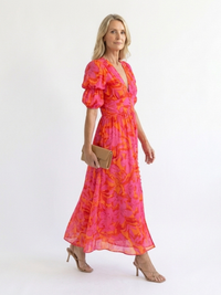 Violet & Grace | Abito Midi con Motivo Floreale con Scollo a V con Maniche a Sbuffo