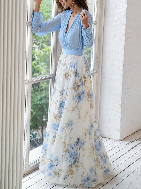 Pénélope | Abito Maxi Azzurro con Motivo Floreale
