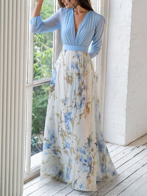 Pénélope | Abito Maxi Azzurro con Motivo Floreale