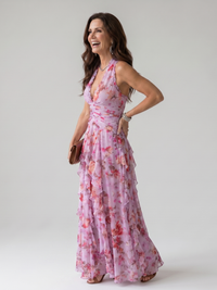 Nori | Abito Maxi con Motivo Floreale con Collo Halter Arricciato