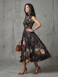 Greta | Abito Midi con Motivo Floreale con Collo Alto Plissettato