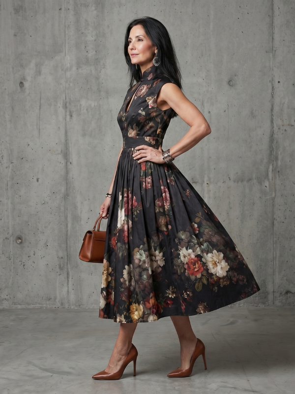 Greta | Abito Midi con Motivo Floreale con Collo Alto Plissettato