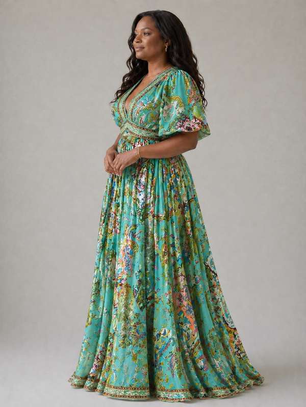 Violet & Grace | Abito Maxi con Scollo a V con Maniche a Sbuffo