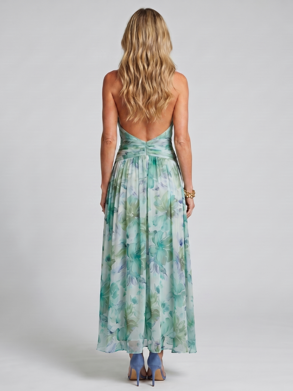 Portia | Abito Midi con Motivo Floreale con Collo Halter Plissettato
