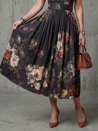 Greta | Abito Midi con Motivo Floreale con Collo Alto Plissettato