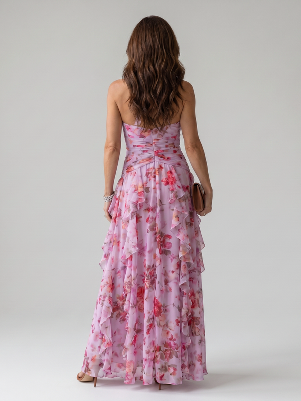 Nori | Abito Maxi con Motivo Floreale con Collo Halter Arricciato