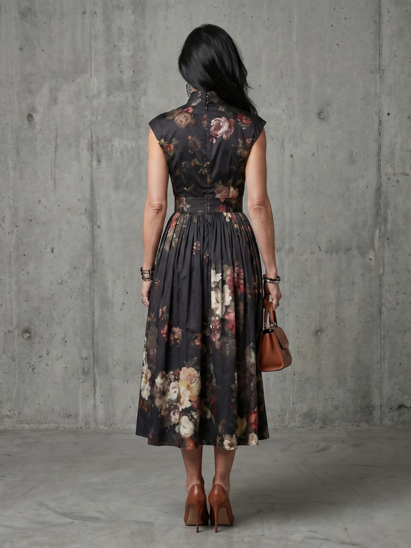 Greta | Abito Midi con Motivo Floreale con Collo Alto Plissettato