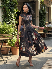 Greta | Abito Midi con Motivo Floreale con Collo Alto Plissettato
