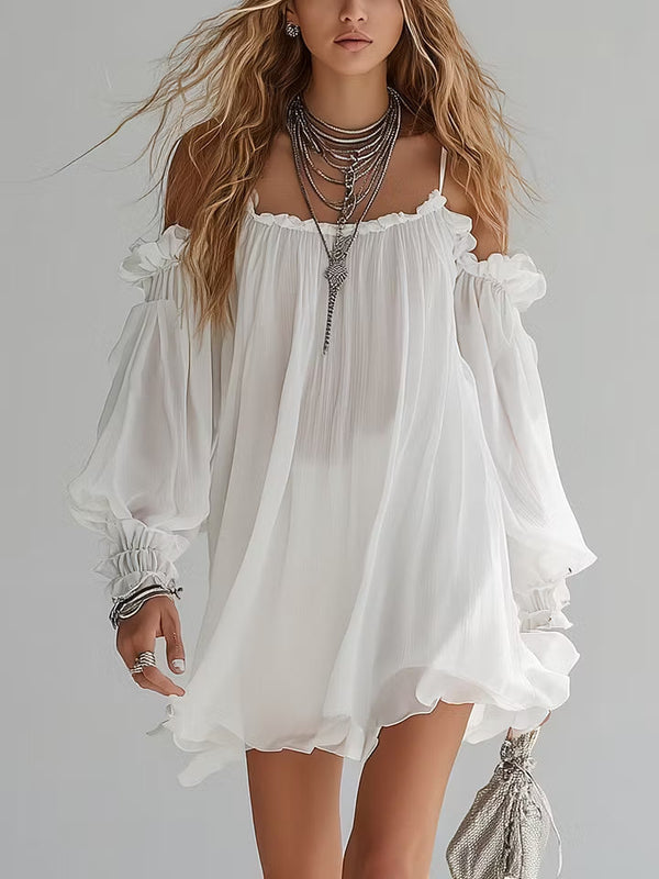 Mélusine | Boho Abito Mini in Chiffon Bianco con Spalle Scoperte