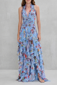 Abito Maxi con Motivo Floreale con Collo Halter