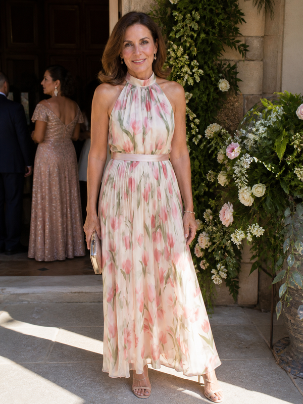 Violet & Grace | Abito Midi con Motivo Floreale con Collo Halter