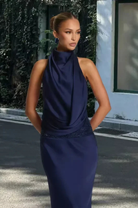 Ottilie | Abito Maxi in Raso con Collo Halter Drappeggiato