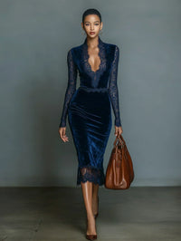 Adrienne | Abito Midi in Pizzo Blu con Scollo a V
