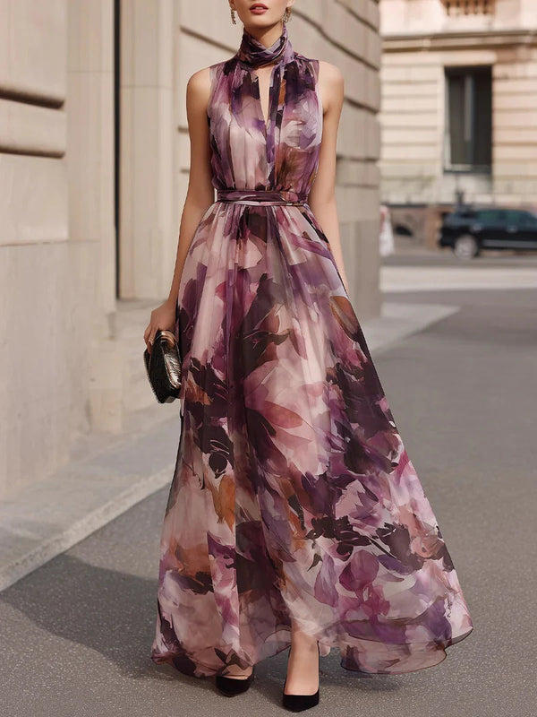 Sleeveless Maxi Floral Dress | Prodotto con Colletto con Cintura