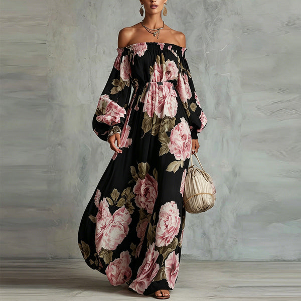 Payton | Abito Maxi con Motivo Floreale con Spalle Scoperte a Maniche Lunghe