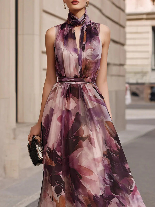 Sleeveless Maxi Floral Dress | Prodotto con Colletto con Cintura