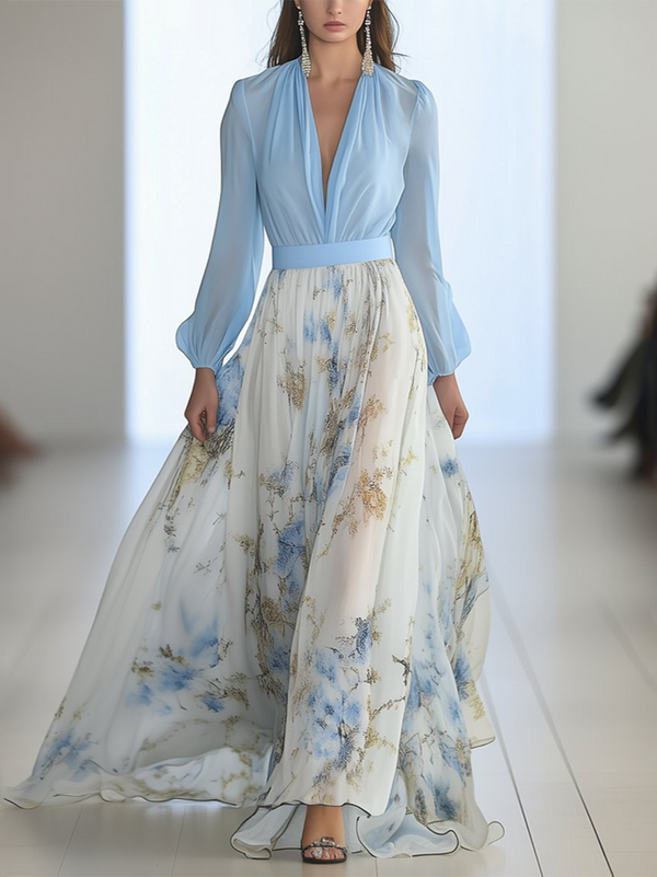 Pénélope | Abito Maxi Azzurro con Motivo Floreale