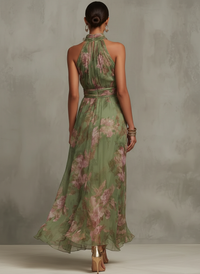 Serena | Abito Maxi in Chiffon con Motivo Floreale con Collo Halter