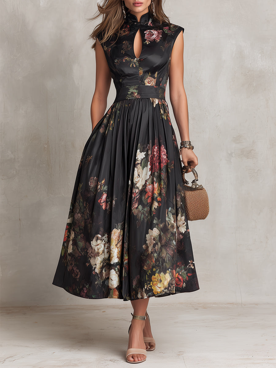 Violetta | Abito Midi in Raso Nero con Motivo Floreale Plissettato