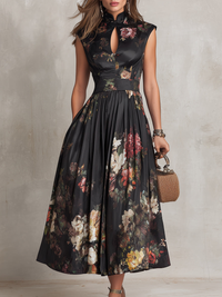 Violetta | Abito Midi in Raso Nero con Motivo Floreale Plissettato