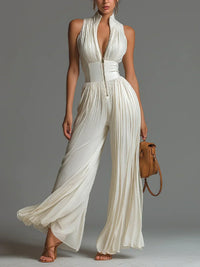 Victoire | Tuta in Chiffon Nero con Scollo a V Plissettato