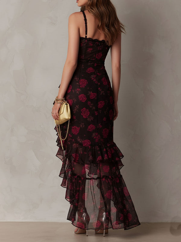 Rosalie | Abito Mini Nero con Motivo Floreale con Volant