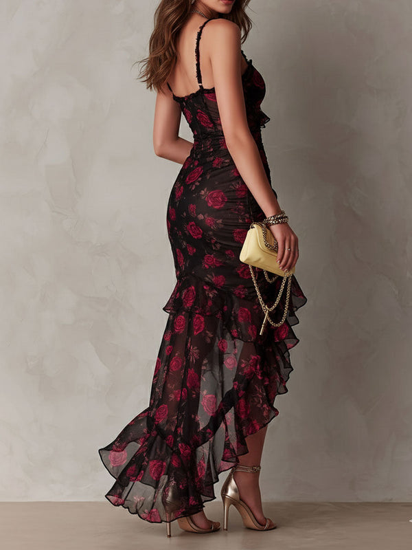 Rosalie | Abito Mini Nero con Motivo Floreale con Volant