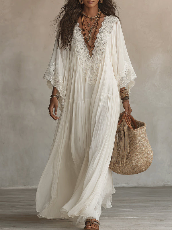 Solveig | Abito in Chiffon Bianco con Scollo a V