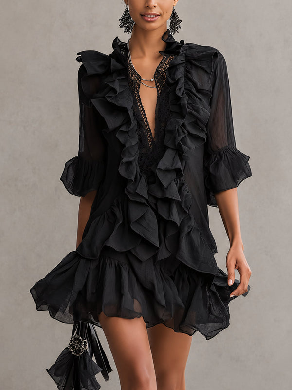 Anaïs | Abito Mini in Chiffon Nero con Volant