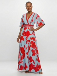 Abito Maxi con Motivo Floreale con Scollo a V