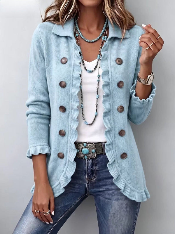 Perrine | Giacca in Maglia Blu a Coste con Volant