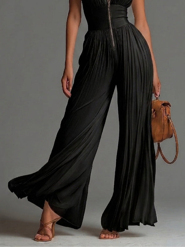 Victoire | Tuta in Chiffon Nero con Scollo a V Plissettato