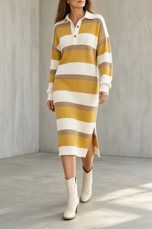 TARA | Abito Midi in Maglia a Righe con Colletto
