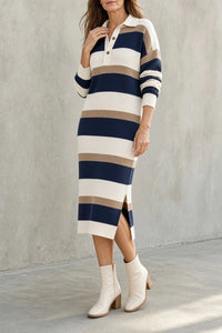 TARA | Abito Midi in Maglia a Righe con Colletto
