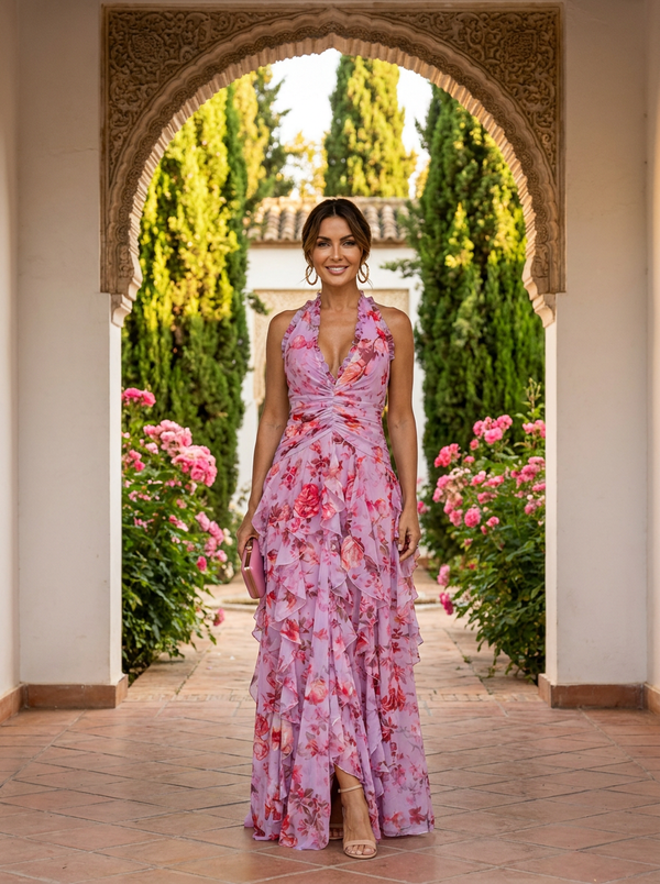 Abito Maxi con Motivo Floreale con Collo Halter