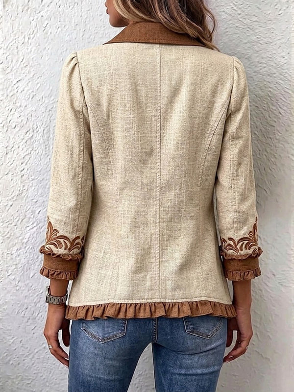 Octavie | Retrò Boho Giacca Marrone con Motivo Floreale con Volant