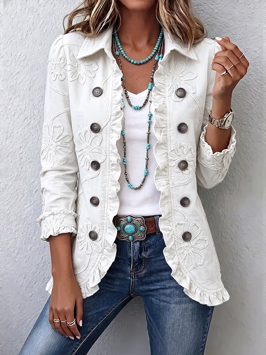 Camille | Chic Boho Giacca Avorio con Motivo Floreale