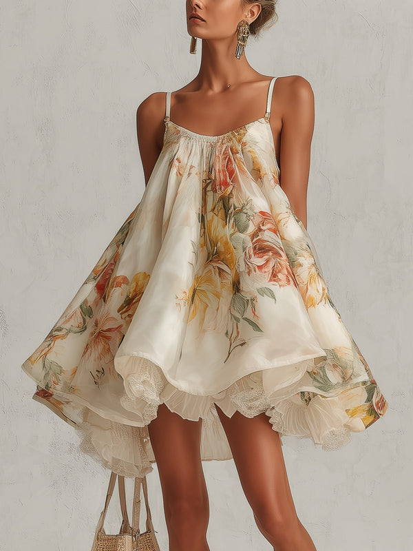 Blanche | Abito Mini in Pizzo Beige con Motivo Floreale
