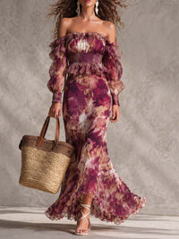 Rosette | Abito Maxi in Chiffon Rosa con Motivo Floreale con Spalle Scoperte