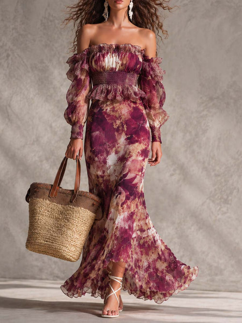 Rosette | Abito Maxi in Chiffon Rosa con Motivo Floreale con Spalle Scoperte™